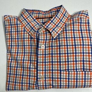 Orvis Men's Orange and Blue Plaid Button Down Shirt CB-90